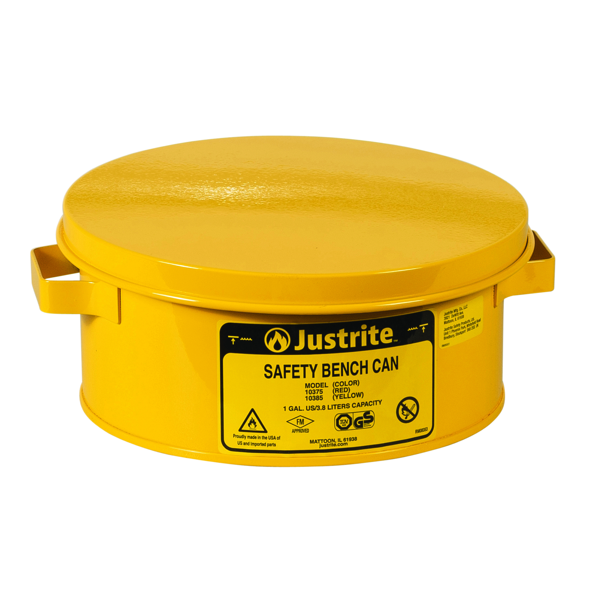 Justrite Steel Bench Can — 1 Gallon, Perforated Dasher Plate, Yellow, Model# 10385